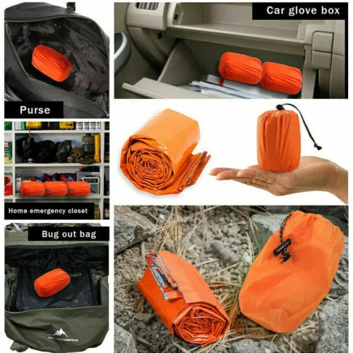 Orange waterproof cover shown in various compact storage scenarios.