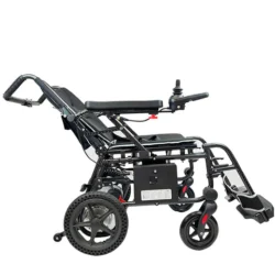 Side view of a folding electric wheelchair with a joystick control.