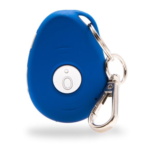 Blue personal alarm device with a silver clip.