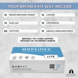 BREINEX LITE breathing trainer kit contents with box and items listed.