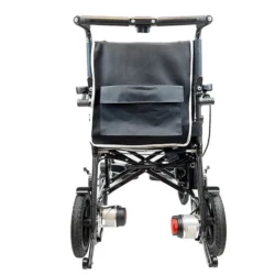 Rear view of a folding electric wheelchair with a black fabric backrest.