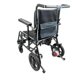 Rear view of a folding electric wheelchair with black frame and wheels.