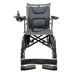 Front view of a folding electric wheelchair with black seat and armrests.