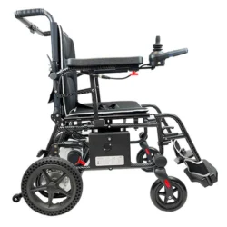 Side view of a folding electric wheelchair with a joystick control.