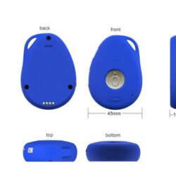 Multiple views of a blue personal alarm device with dimensions.