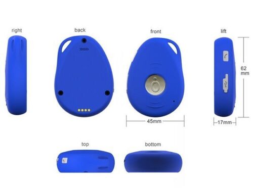 Multiple views of a blue personal alarm device with dimensions.