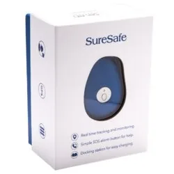 SureSafe personal alarm packaging with blue device image.