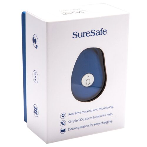 SureSafe personal alarm packaging with blue device image.
