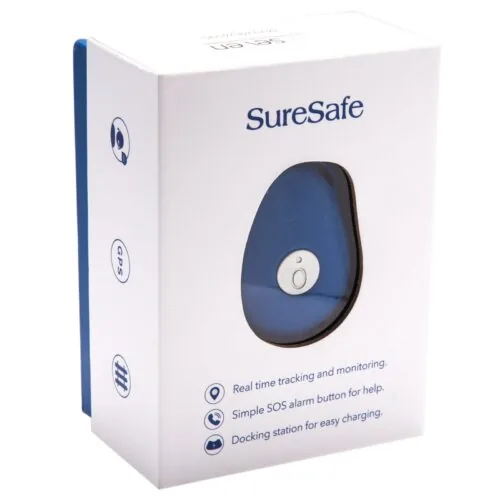 SureSafe personal alarm packaging with blue device image.