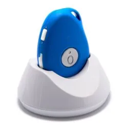 Blue personal alarm device in a white charging dock.