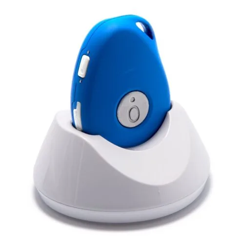 Blue personal alarm device in a white charging dock.