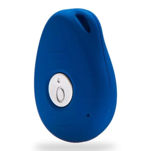 Blue personal alarm device with a central button.