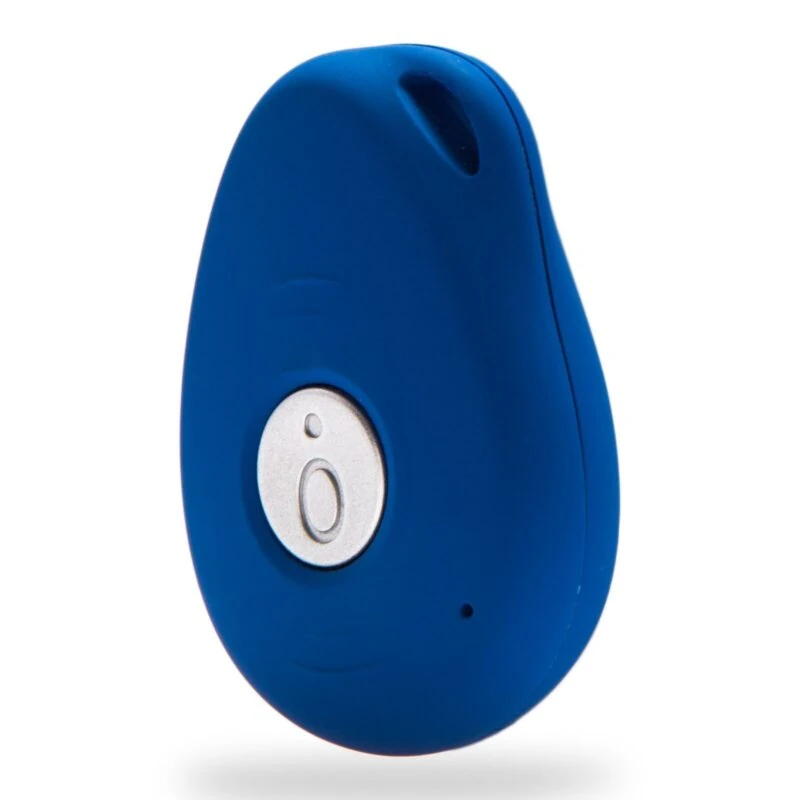 Blue personal alarm device with a central button.