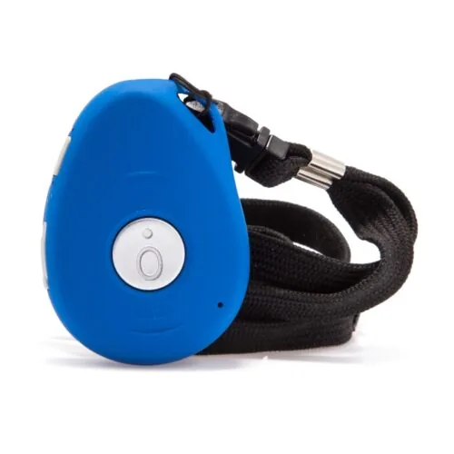 Blue personal alarm pendant with black lanyard.