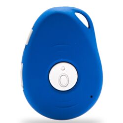 Blue personal alarm pendant with central button.