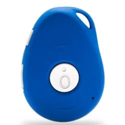 Blue personal alarm pendant with central button.