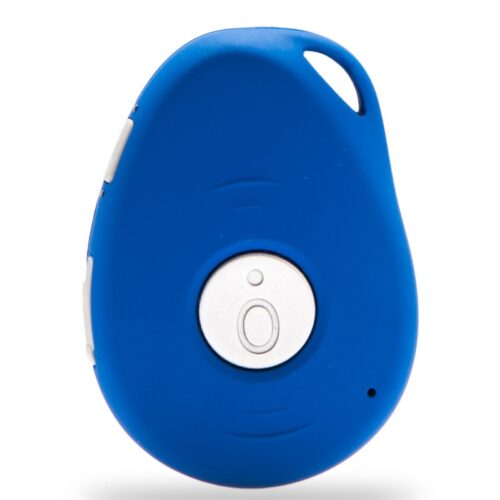 Blue personal alarm pendant with central button.