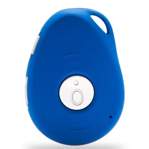 Blue personal alarm pendant with central button.