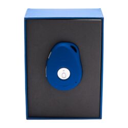 Blue personal alarm device with a central button, displayed in a box.