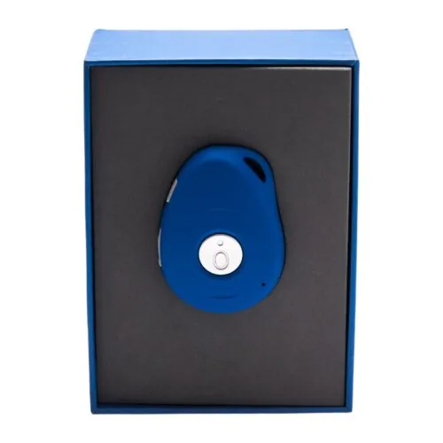 Blue personal alarm device with a central button, displayed in a box.