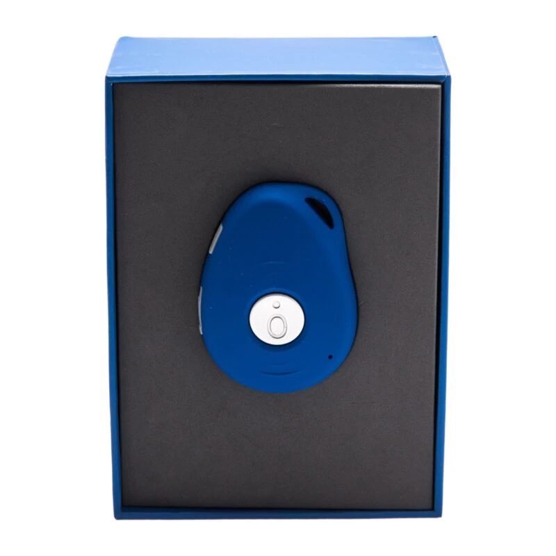 Blue personal alarm device with a central button, displayed in a box.