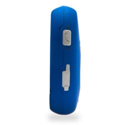 Side view of a blue personal alarm device with buttons.