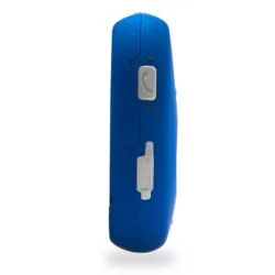 Side view of a blue personal alarm device with buttons.