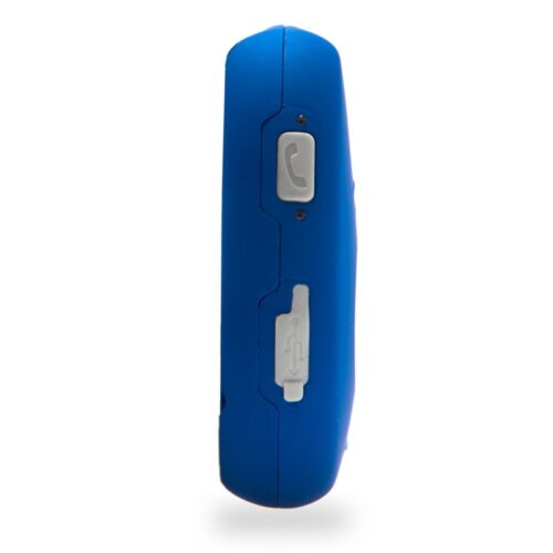 Side view of a blue personal alarm device with buttons.