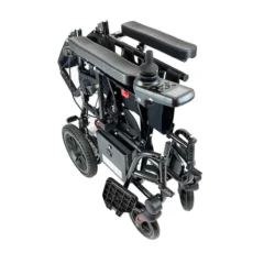 Folded black electric wheelchair with control panel and large wheels.