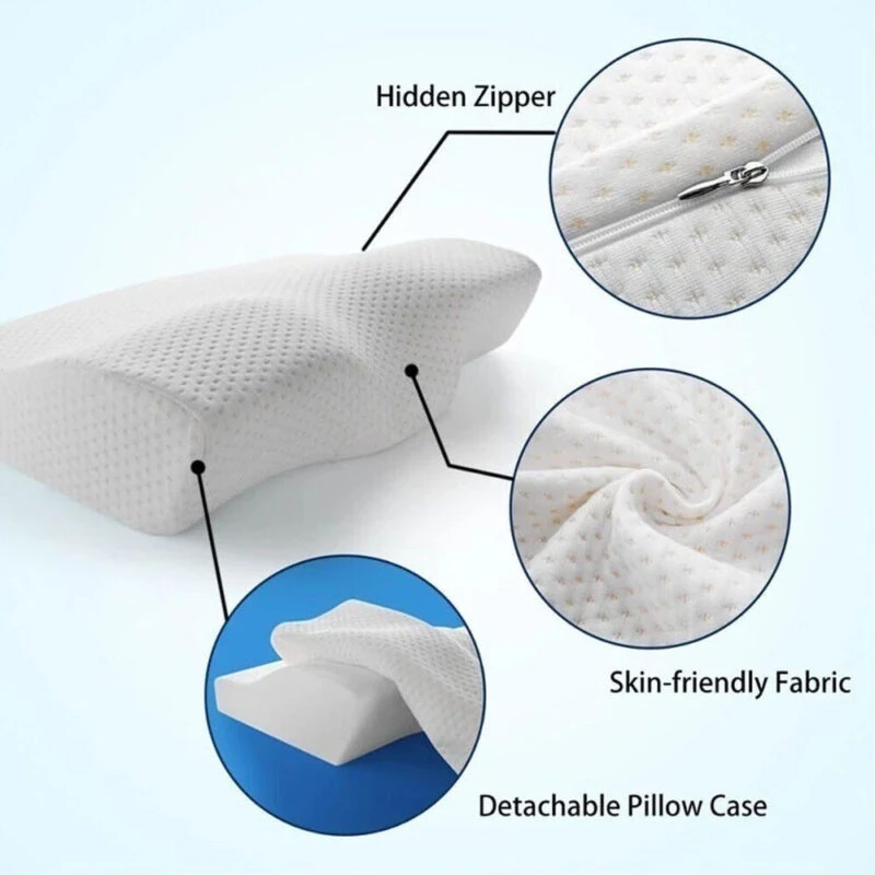 Contoured memory foam pillow with hidden zipper and detachable case.