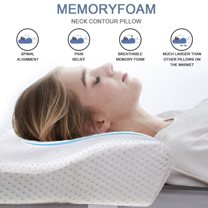 Woman lying on a contoured memory foam pillow for neck support.