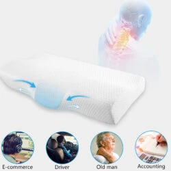 Orthopaedic memory foam pillow with ergonomic design and neck pain relief illustration.