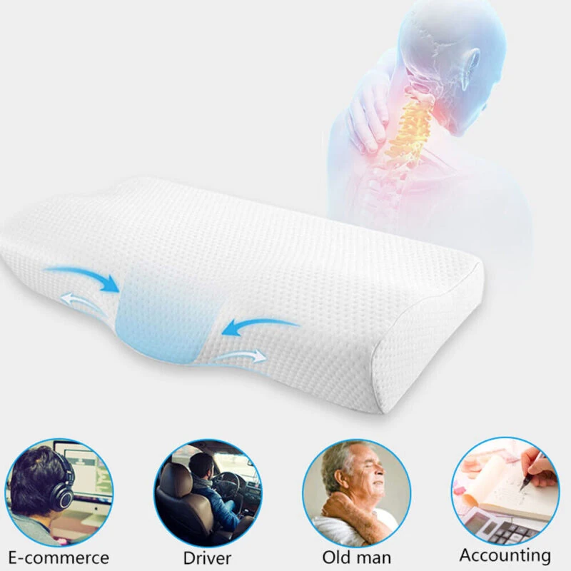 Orthopaedic memory foam pillow with ergonomic design and neck pain relief illustration.