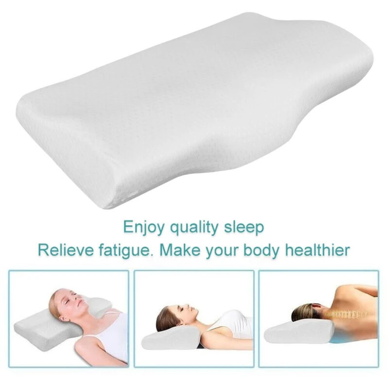 Contoured orthopaedic pillow with images of people using it.