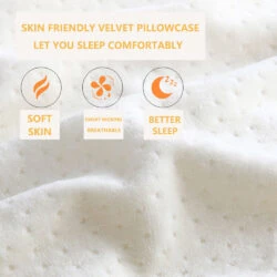 Close-up of a velvet pillowcase with text highlighting soft skin, sweat wicking, and better sleep.