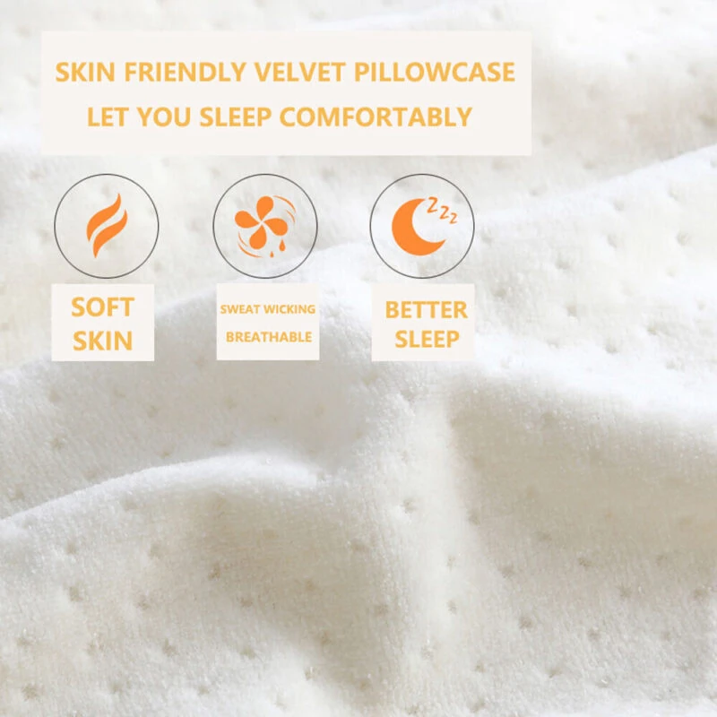 Close-up of a velvet pillowcase with text highlighting soft skin, sweat wicking, and better sleep.