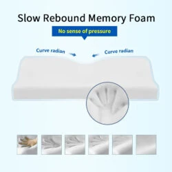 Contoured memory foam pillow with hand imprint showing slow rebound.