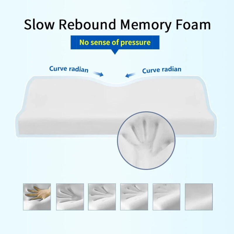 Contoured memory foam pillow with hand imprint showing slow rebound.