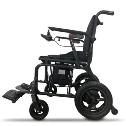 Side view of an ultralight carbon fiber electric wheelchair.
