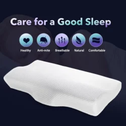 Contoured memory foam pillow with benefits icons above.