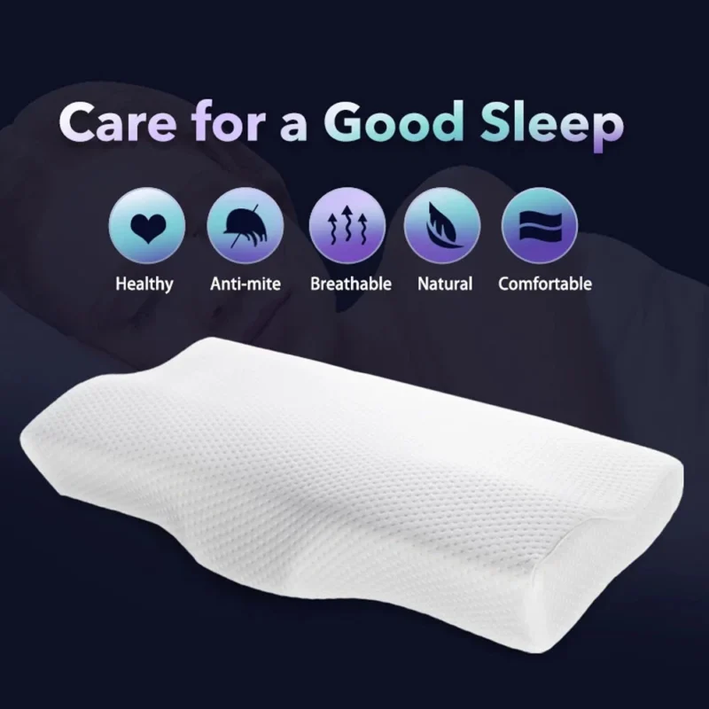 Contoured memory foam pillow with benefits icons above.