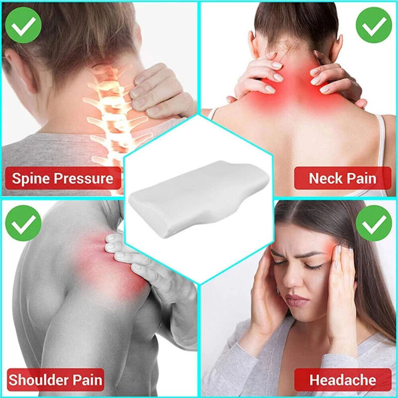 Collage showing pillow and areas of pain relief: spine, neck, shoulder, headache.