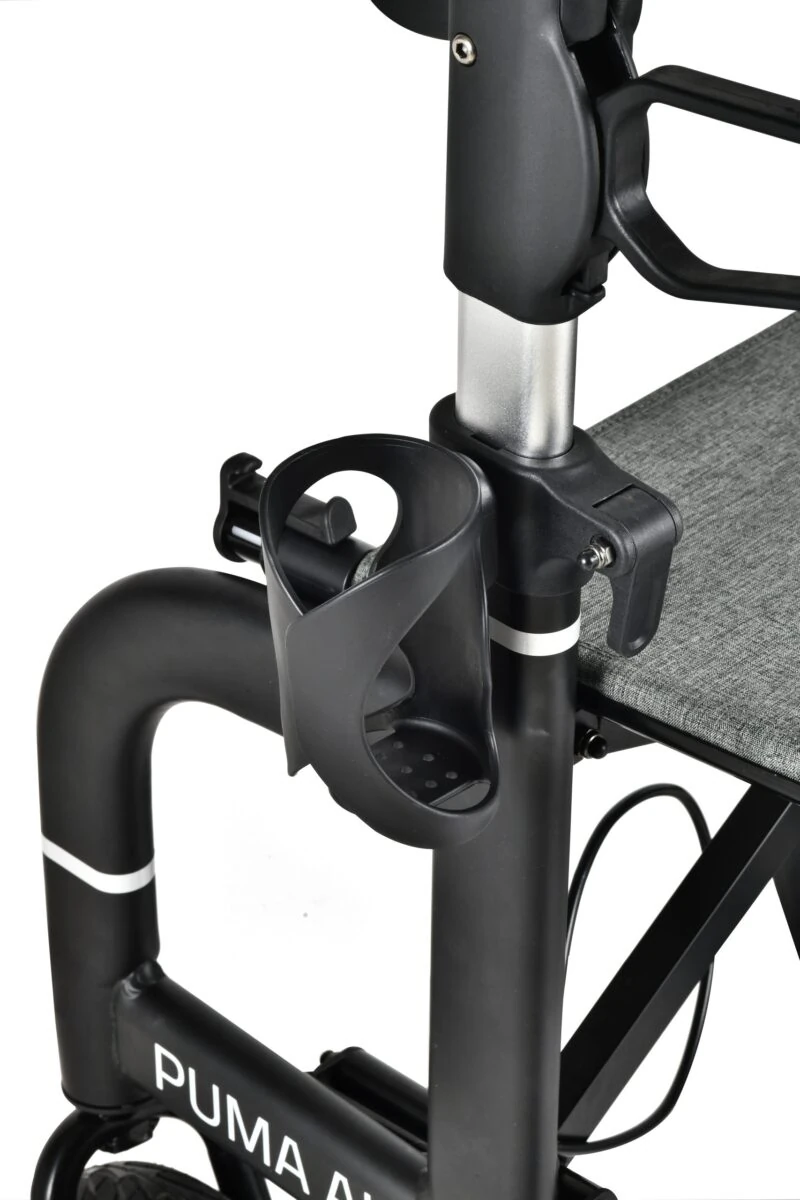 Close-up of cup holder and frame on Mobilex Puma Air rollator.