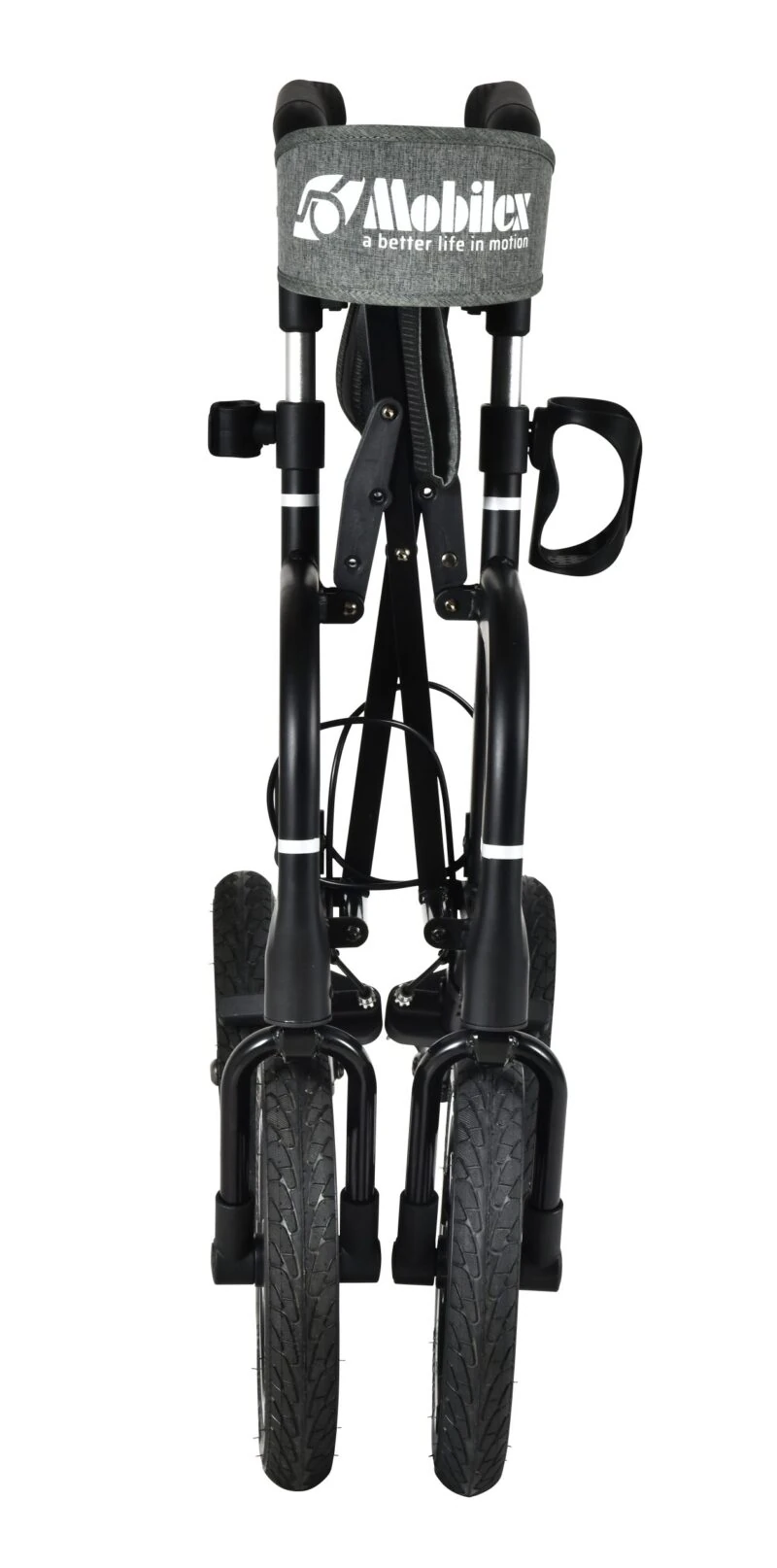 Front view of a folded all terrain rollator with large pneumatic tires and a Mobilex logo.