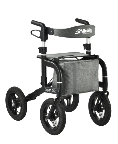 Mobilex Puma Air rollator with large wheels and a grey bag.