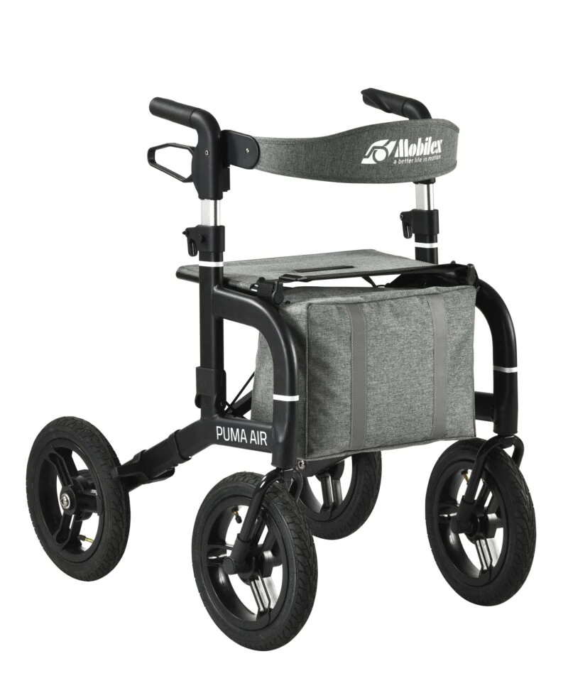 Mobilex Puma Air rollator with large wheels and a grey bag.