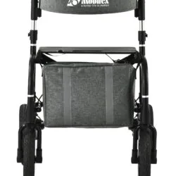 Rear view of a rollator with large wheels and a grey storage bag.