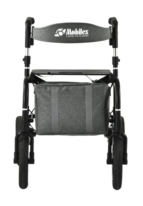 Rear view of a rollator with large wheels and a grey storage bag.