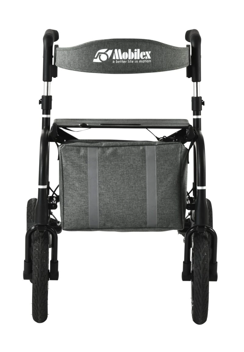 Rear view of a rollator with large wheels and a grey storage bag.