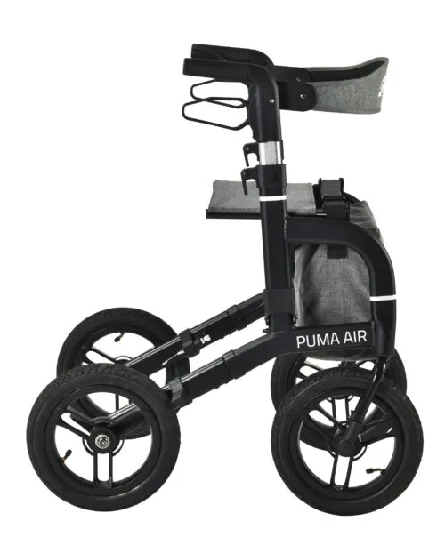 Side view of the Mobilex Puma Air rollator with large wheels and a matte black frame.